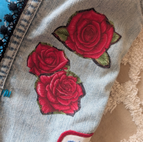 Denim vest, embellished w fabrics, fringe, cowboy boot patch, HANDMADE ITEM - Picture 3 of 11